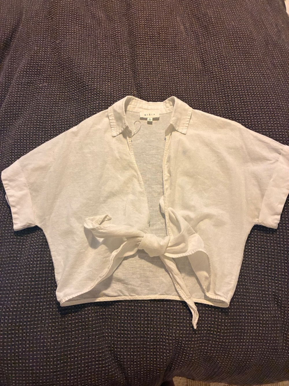 MABLE White Linen-Blend Tie-Front Crop Blouse - Size S